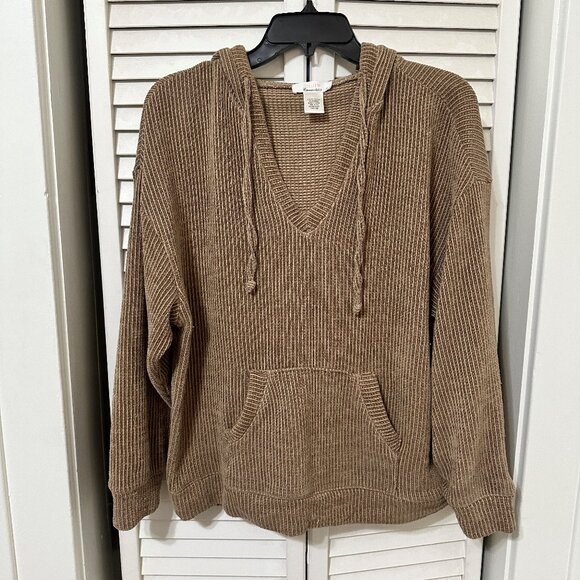 URBAN Romantics Tops - Urban Romantics Tan Ribbed Drawstring Pullover V-Neck Hoodie Size L